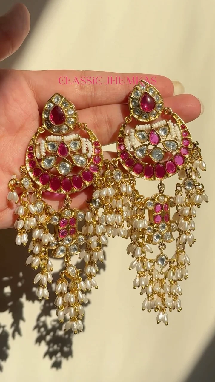 Ruby-tone Kundan earrings with cascading pearl drops