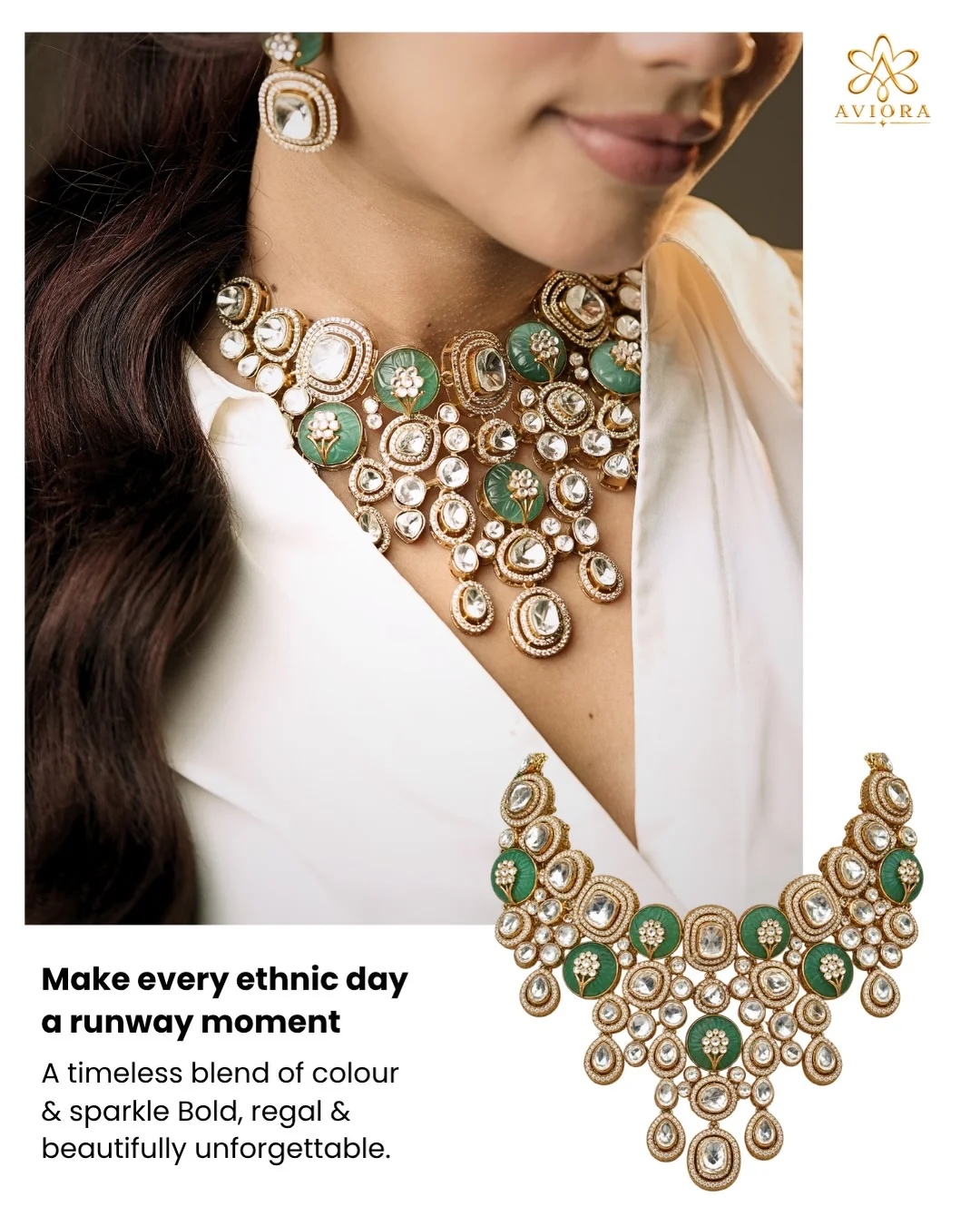 Aviora occasion jewellery in pastel green and gold tones
