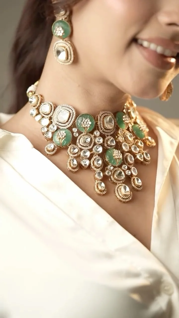 Aviora jade-green and Polki-style necklace and earrings